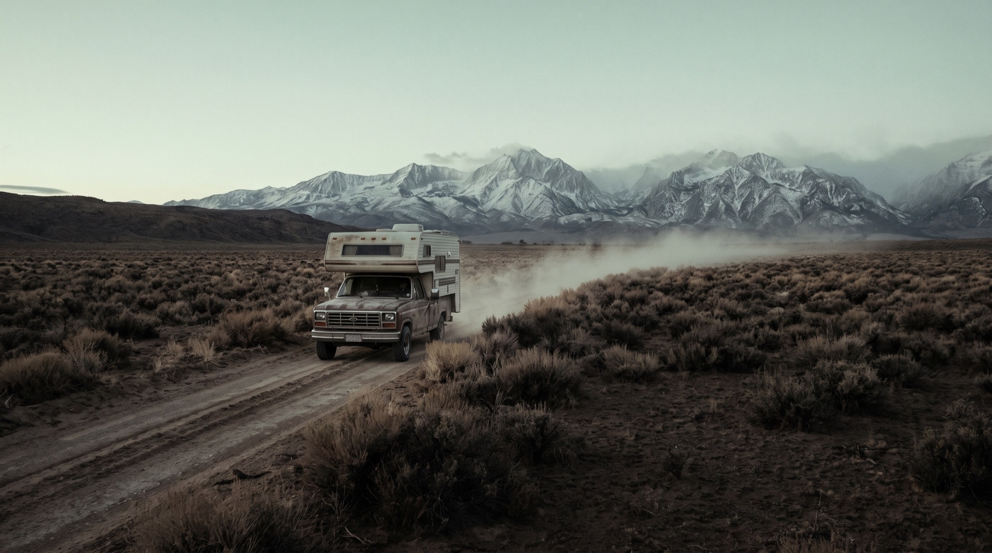 Truck camper on a dirt road heading toward snow-capped western peaks