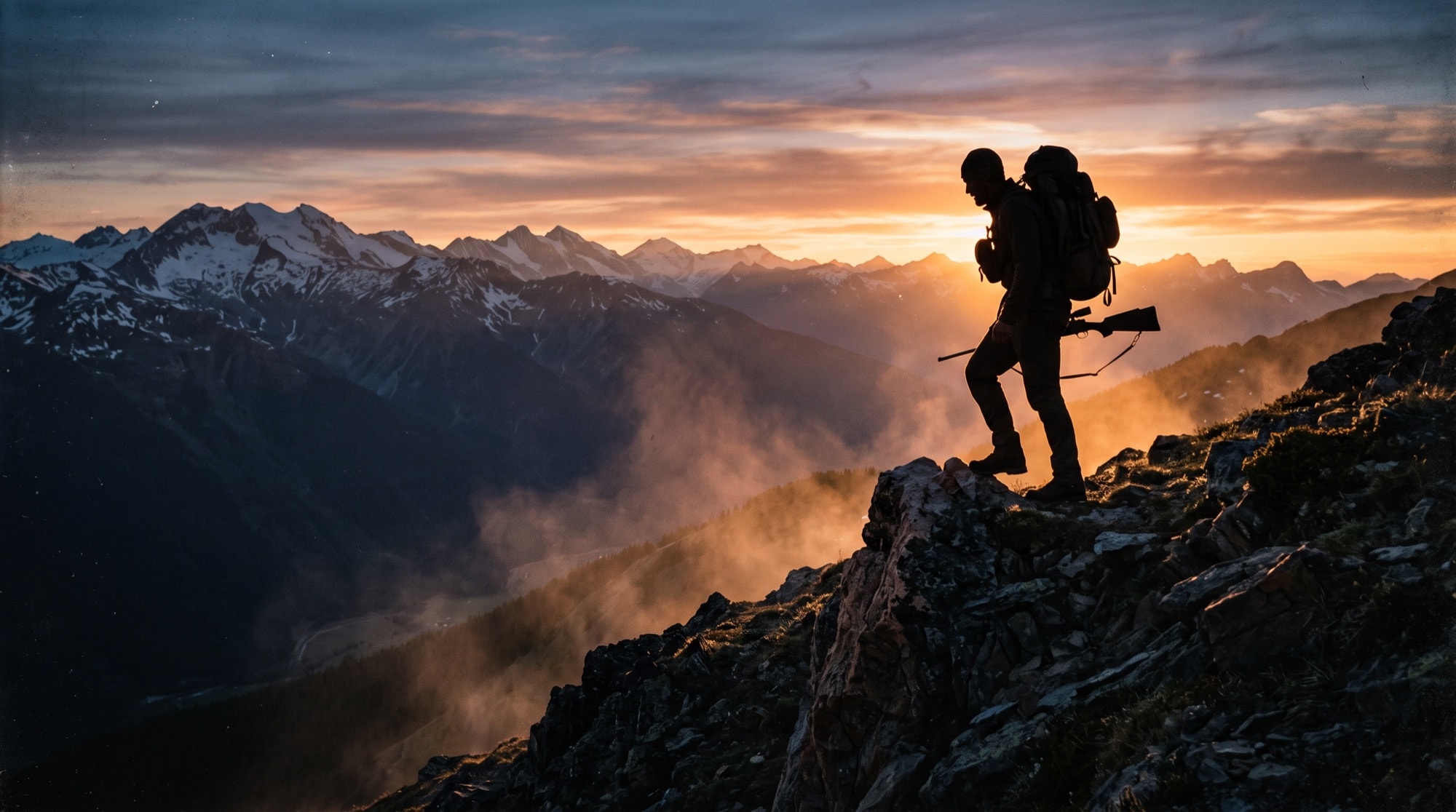 Hunter cresting an alpine ridge at sunset with a loaded pack