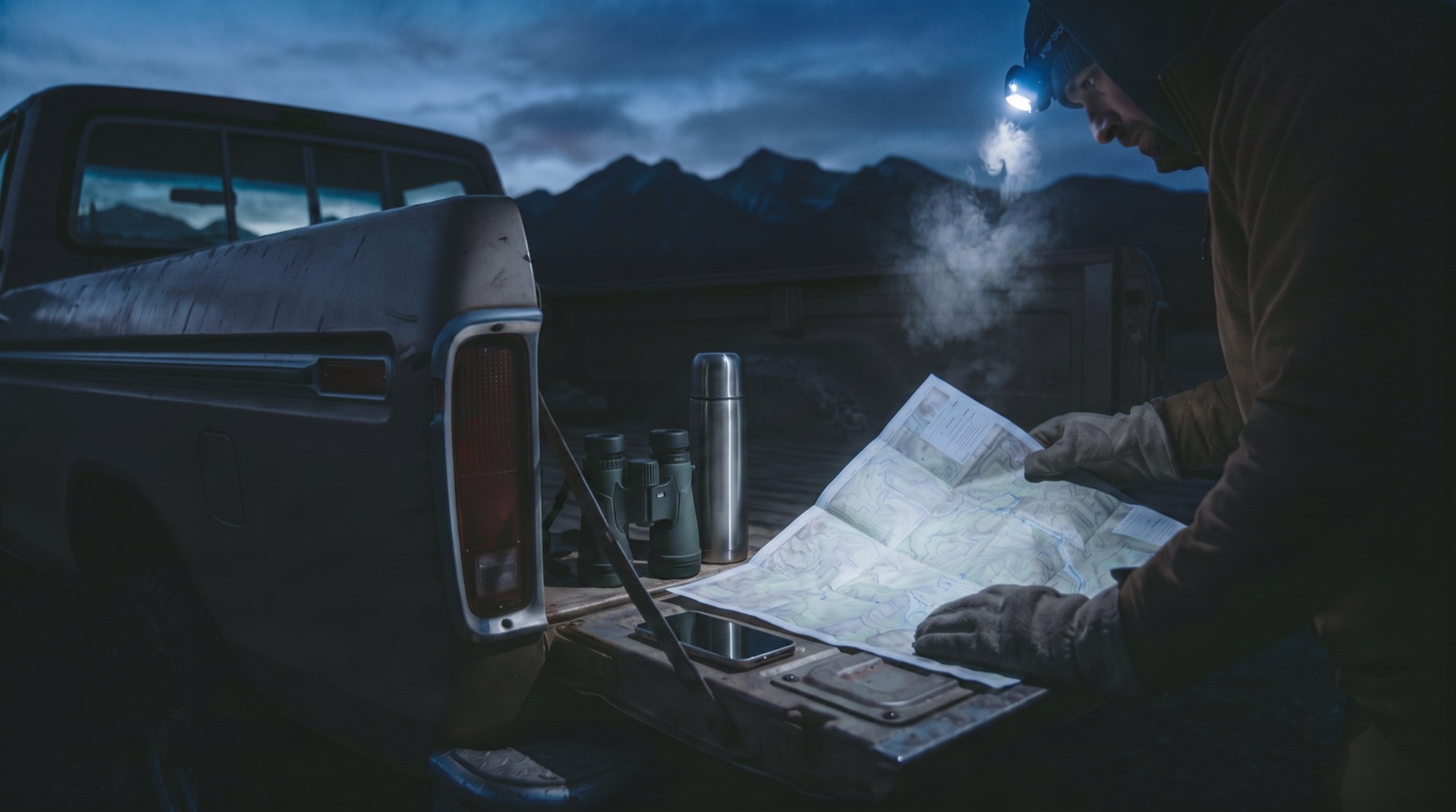 Hunter reading a topo map by headlamp at a truck tailgate before dawn