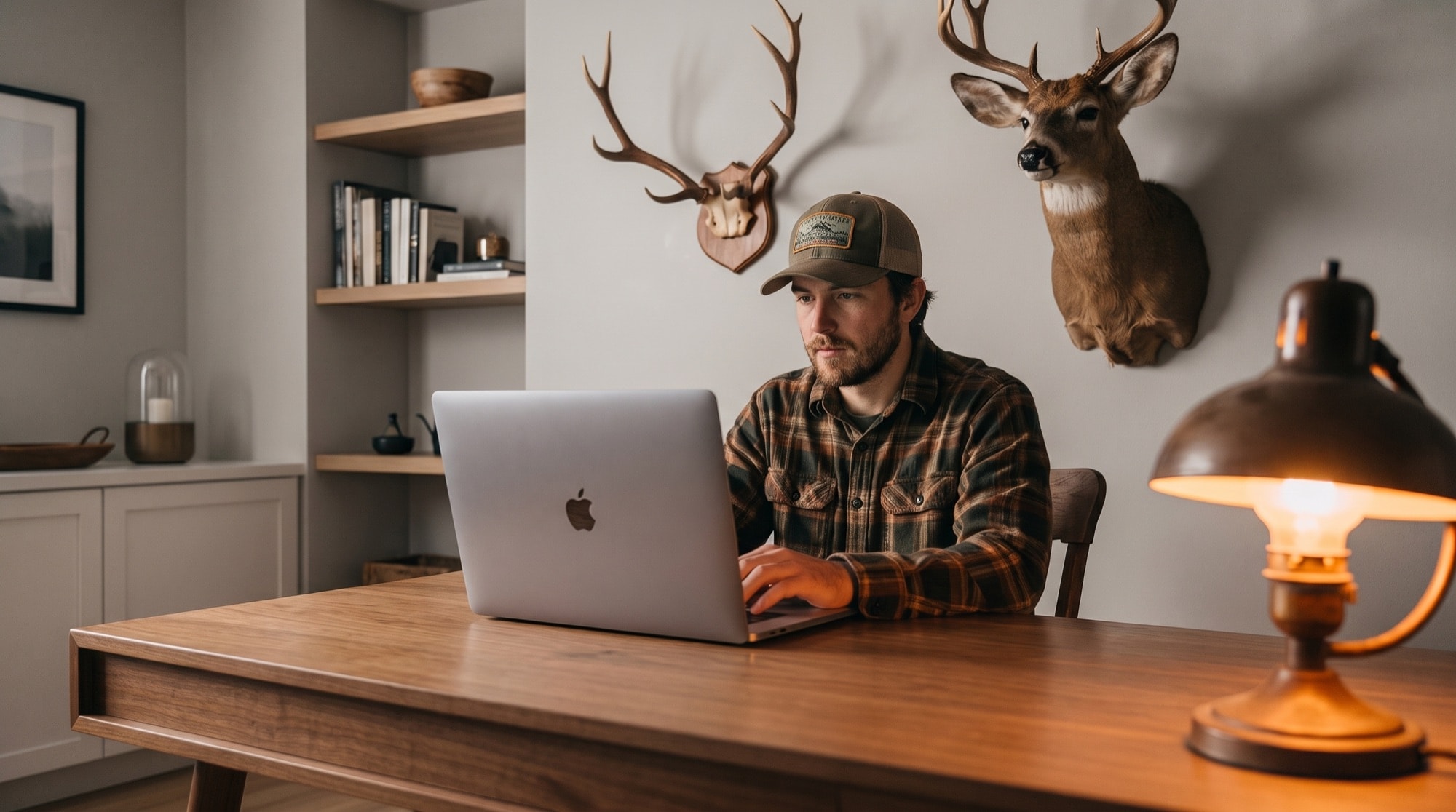Hunter at a desk on a laptop with elk and mule deer mounts on the wall