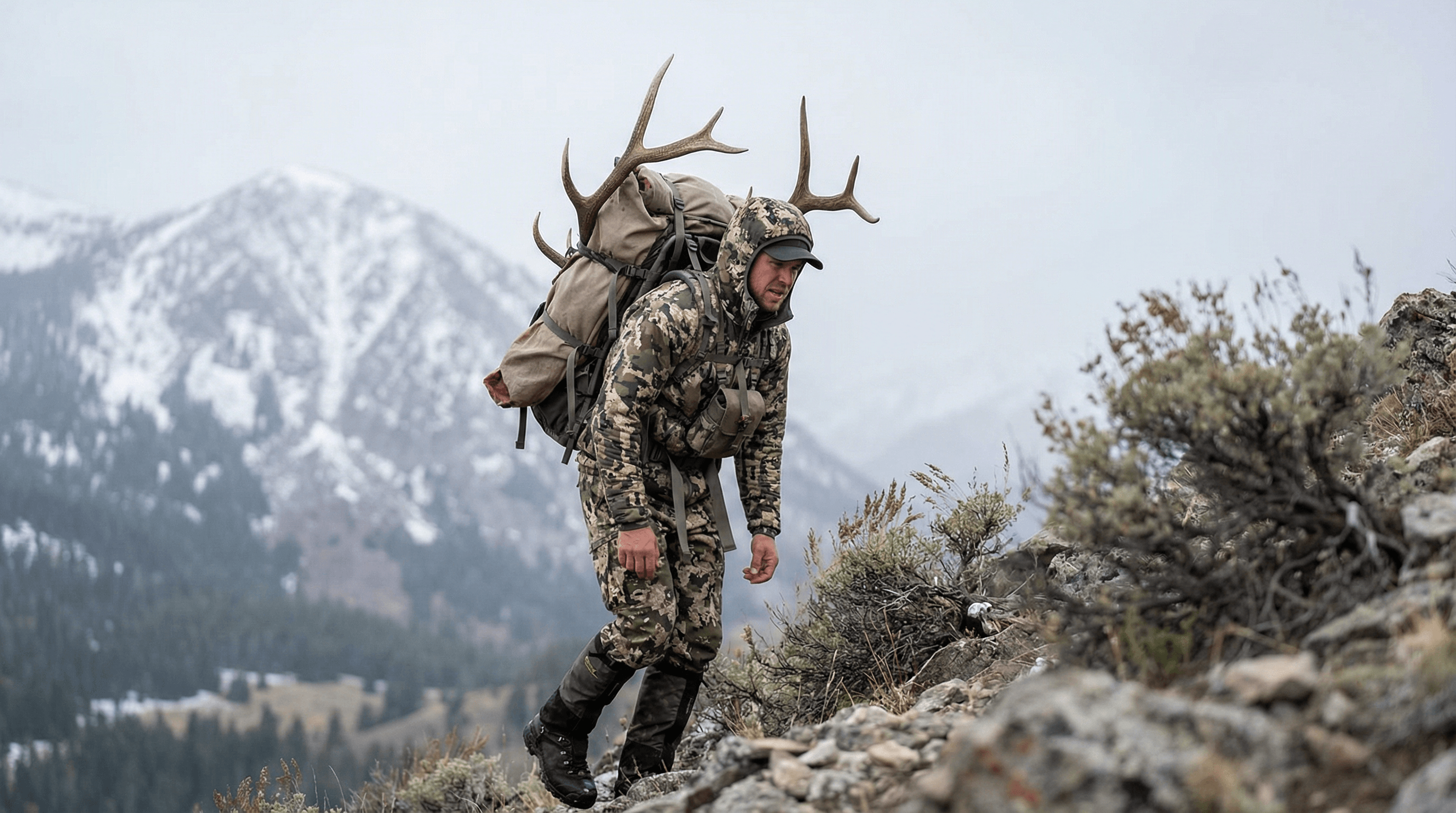 Hunter packing out an elk through mountain terrain